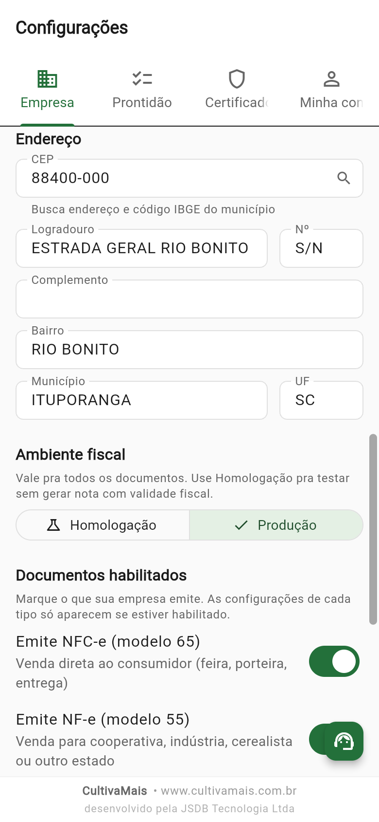 Endereço, ambiente fiscal e documentos habilitados