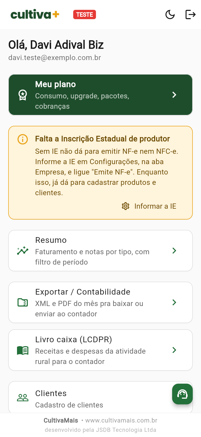 Aviso de IE pendente na home