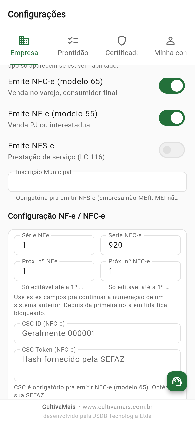 Campos CSC ID e CSC Token