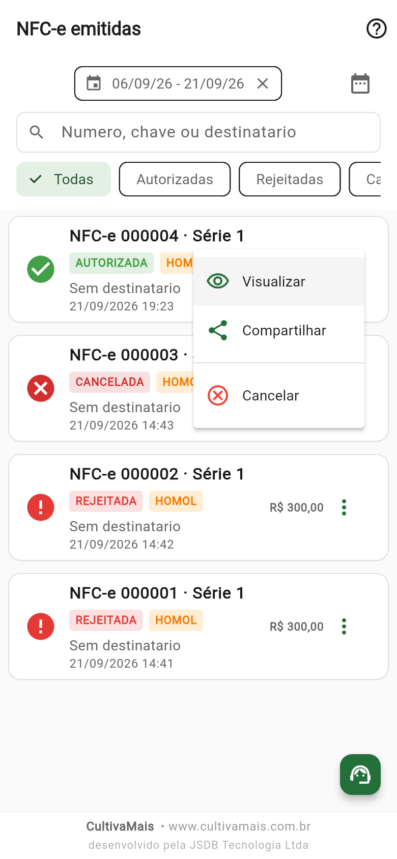 Menu de ações