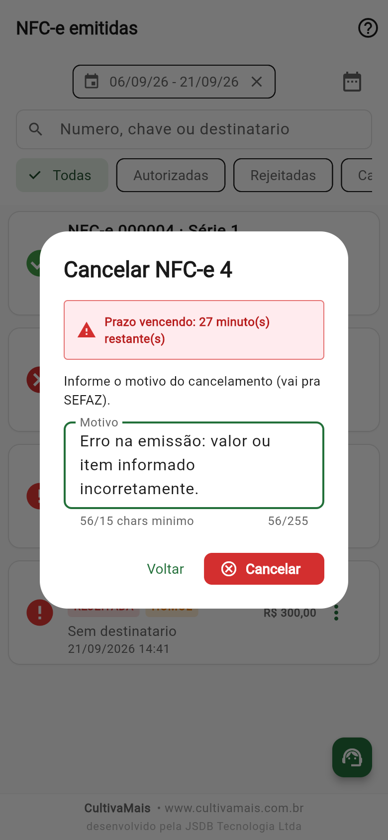 Diálogo de cancelamento