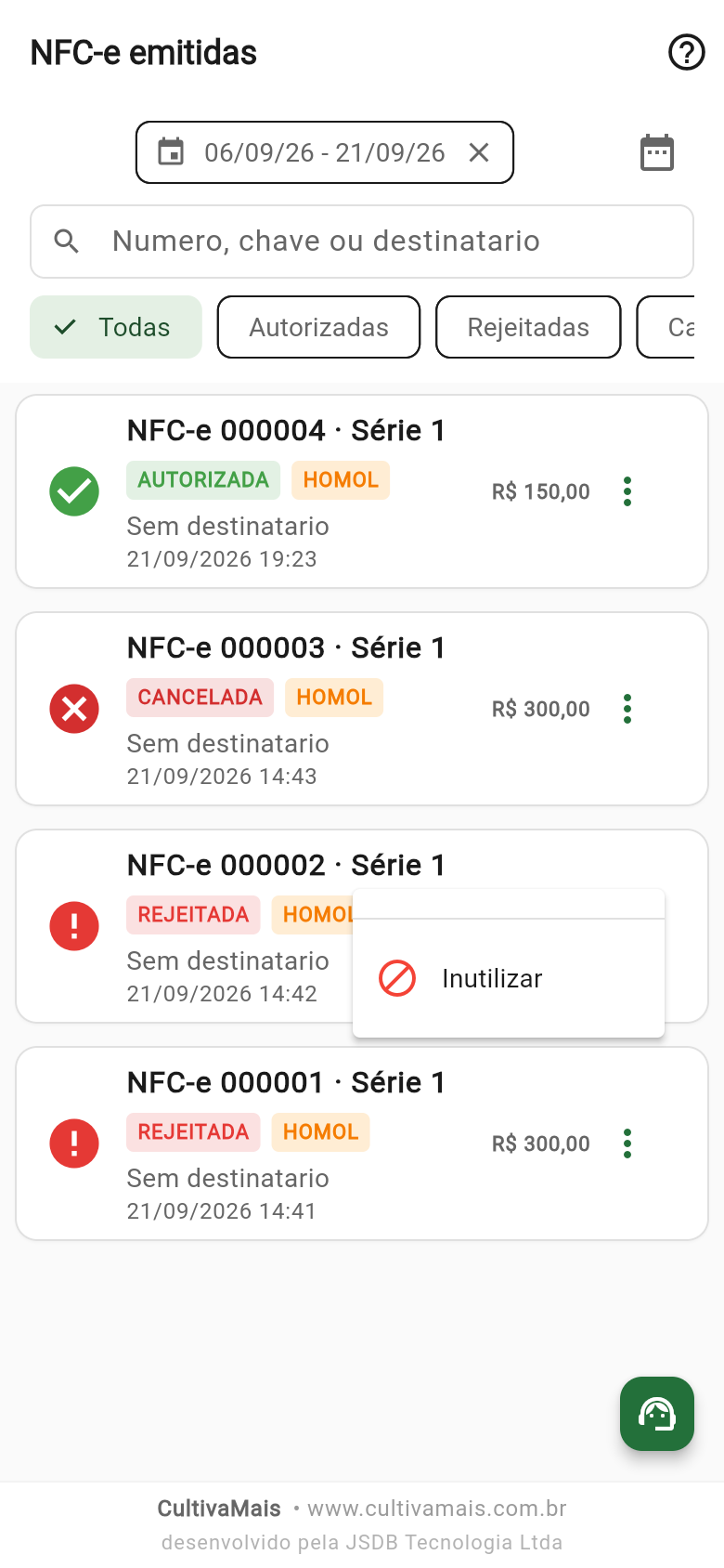 Menu da nota rejeitada
