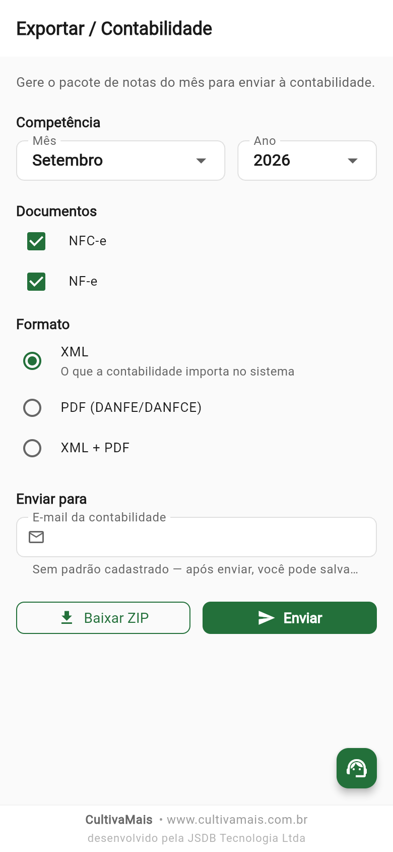 Tela de exportação
