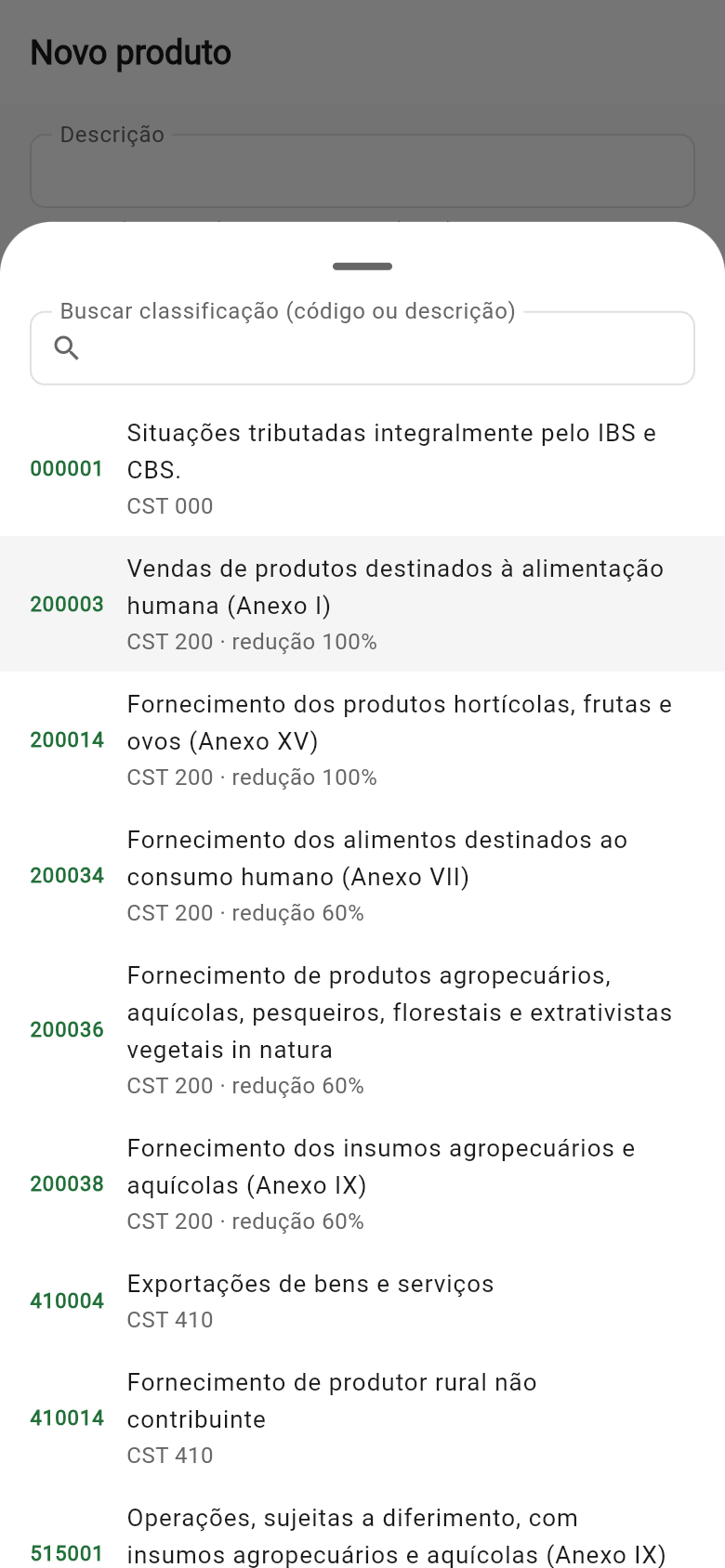 Seletor de classificação tributária